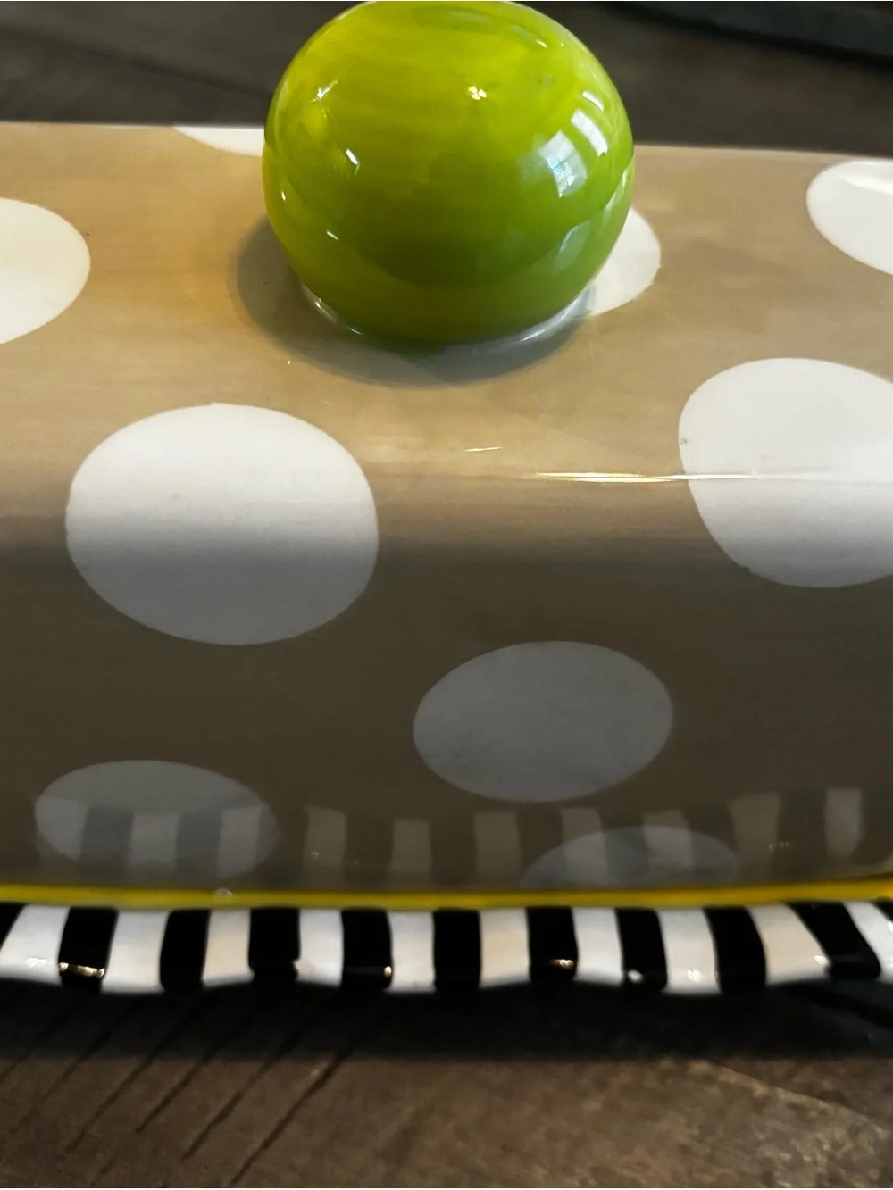 Cotton Colors-by Laura Johnson-Polka Dot Ceramic Butter Dish with Lime Knob